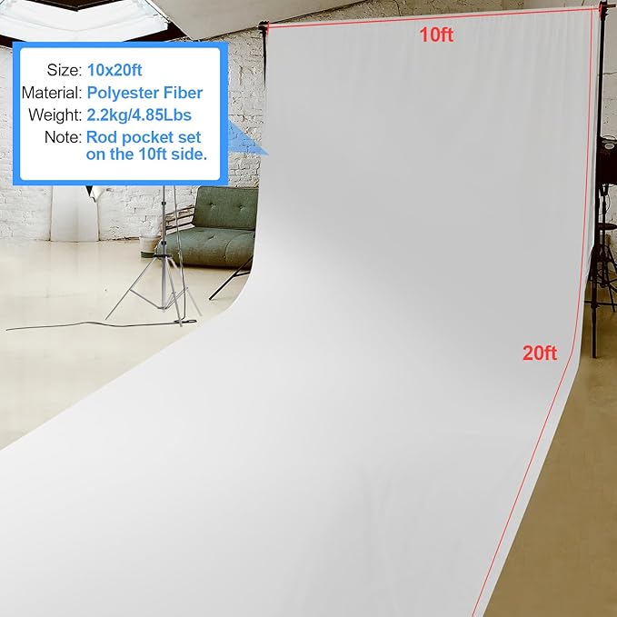 HEMMOTOP White Photo Backdrop Background, 10x20 ft White Screen for Photography, Seamless Photography Backdrops Backgrounds for Photo Video Recording (Backdrop only)