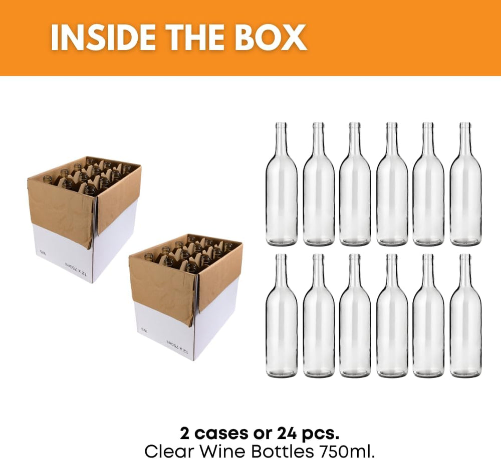 750ml Wine Bottles in Clear Glass, W5 Bordeaux, 24-Count Case - NO CORKS