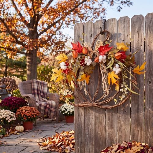 Fall Pumpkin Wreath for Front Door, Grapevine Maple Leaves