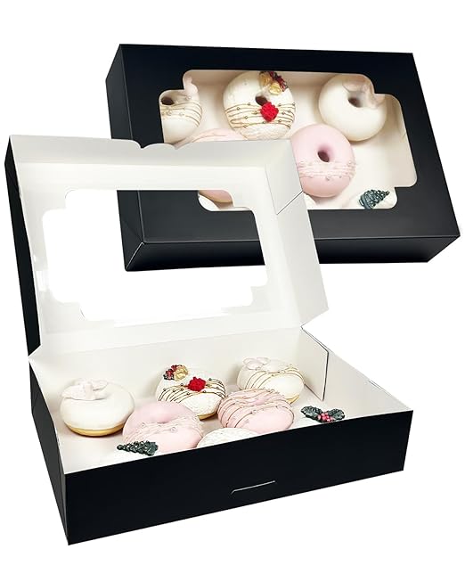 qiqee Auto-pop up Black Cookie Box with Window 12x8x2.5 inch 32 Packs Two Uses One Second Folding Pastry Biscuit Bakery Box for Packaging