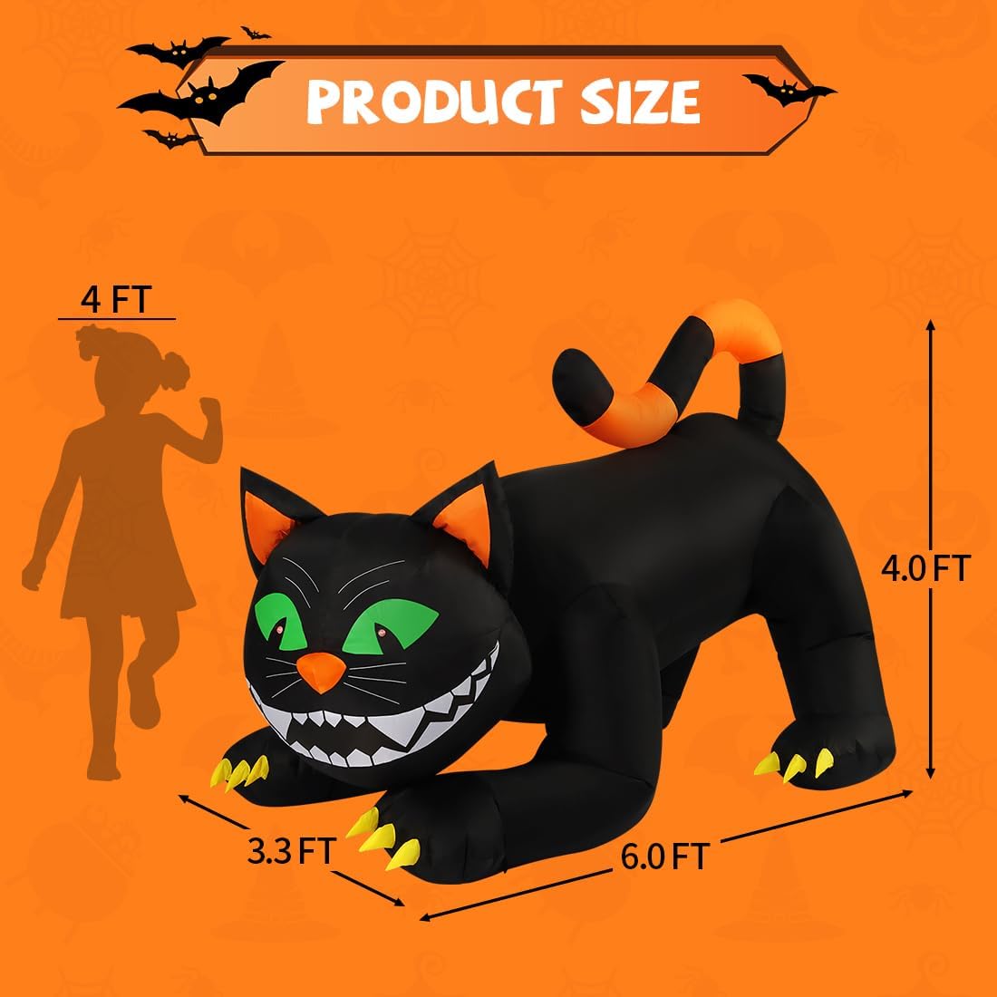 comin 6 ft halloween inflatables black cat outdoor showing dimensions