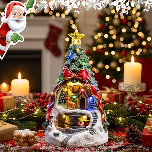 MXwcy Animated Musical Christmas Tree Village – Lighted Figurine with Spinning Santa Train, Plays 8 Holiday Carols, Tabletop Home Decor & Gift