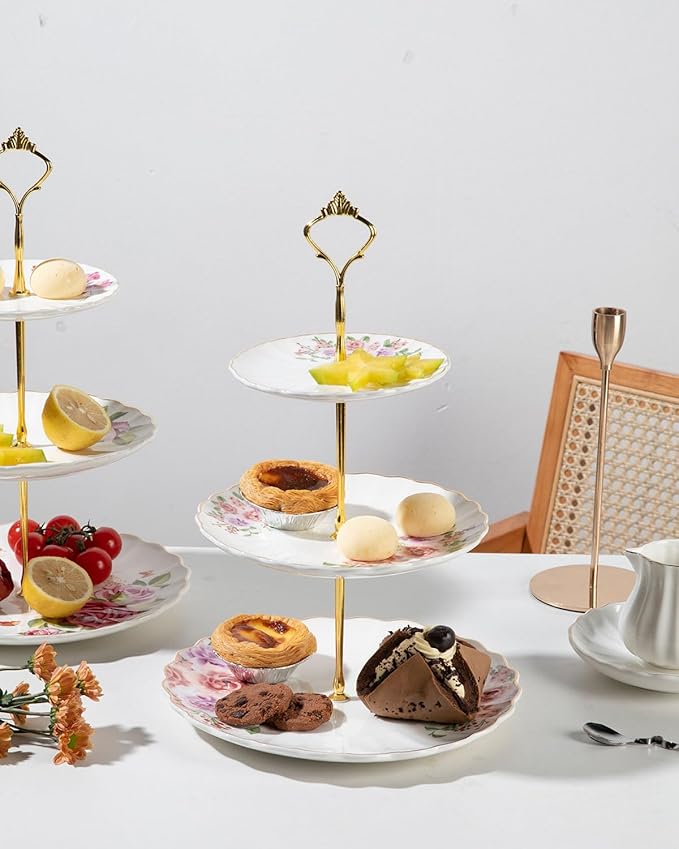 Sweejar 3 Tier Ceramic Cake Stand Wedding, Dessert Cupcake Stand for Tea Party Serving Platter (Rose Flower)