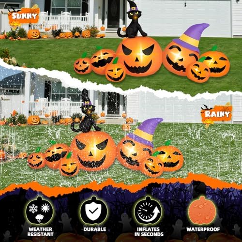 8FT Long Halloween Inflatables Pumpkin Outdoor Decorations, 7 Blow Up Pumpkins Inflatables with Witch Hat & Black Cat Built-in LED Lights for Halloween Party Yard Garden Lawn Decorations