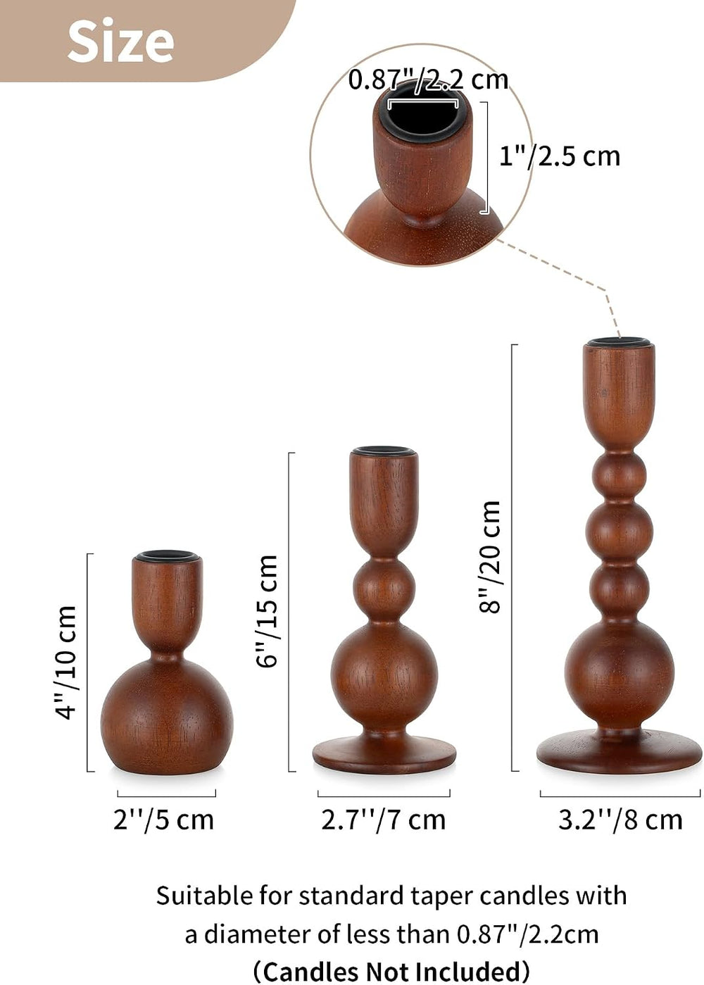 NUPTIO Wooden Taper Candle Holders, Set of 6 Brown Candlesticks