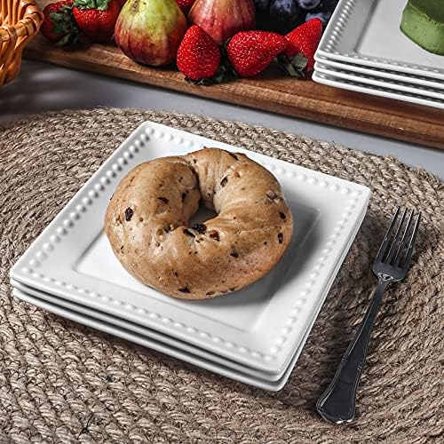 Embossed Ceramic Appetizer & Dessert Plates - Set of 6, 6 inch White Square Dinner Plates for Snack & Restaurant, Dishwasher & Microwave Safe