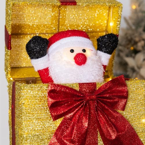 Glitzhome Lighted Outdoor Christmas Decor, 40" Animated Stacked Gift Box with Snowman Pop Up and 120 Warm White LED Lights, Christmas Yard Decoration