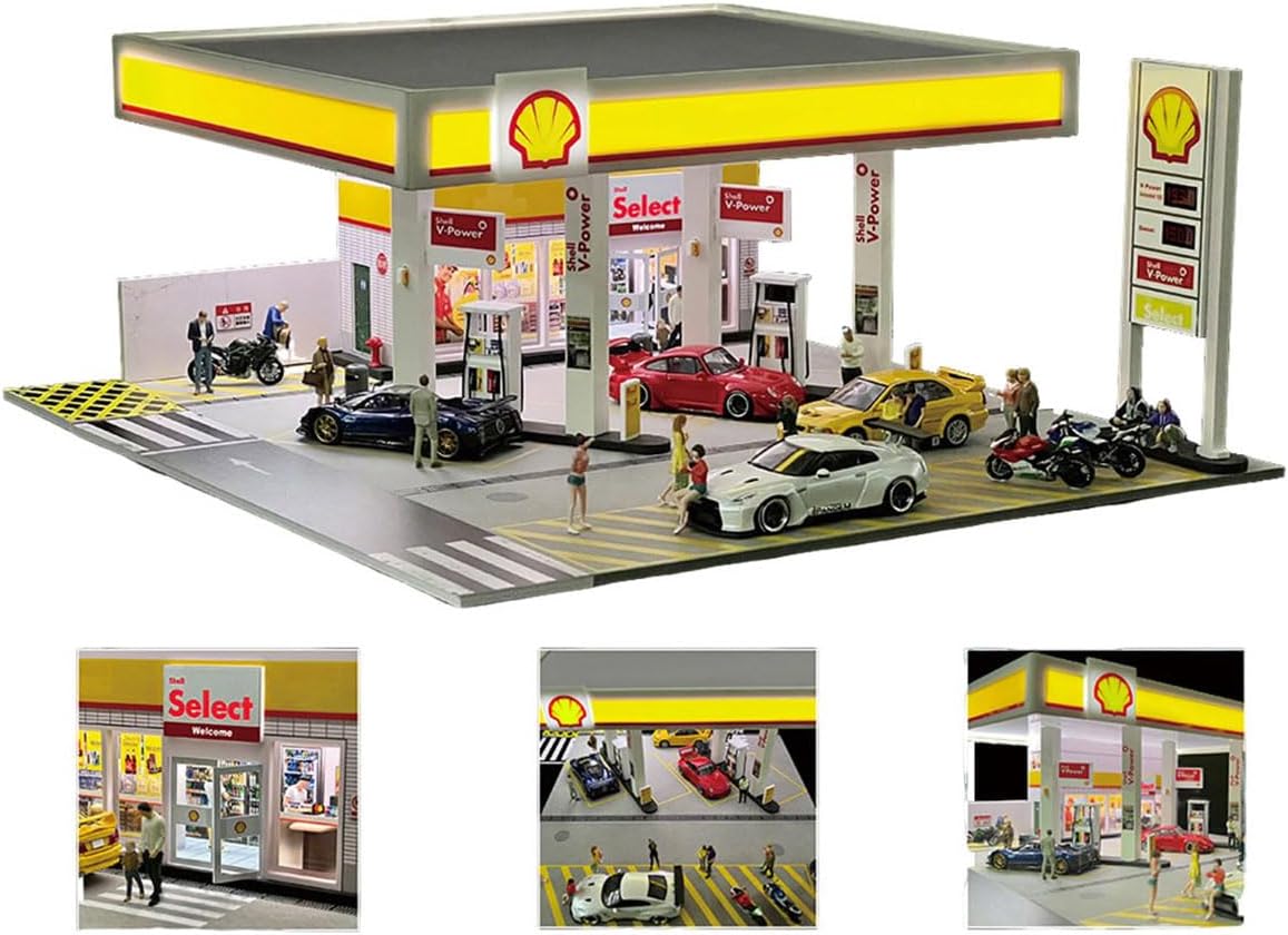 1/64 Shell Gas Station Display Case Gas Station DIY Miniature Model for Adults with LED Effects, Support Customizable and Expandable (1 Cars & 1 Figure Included)