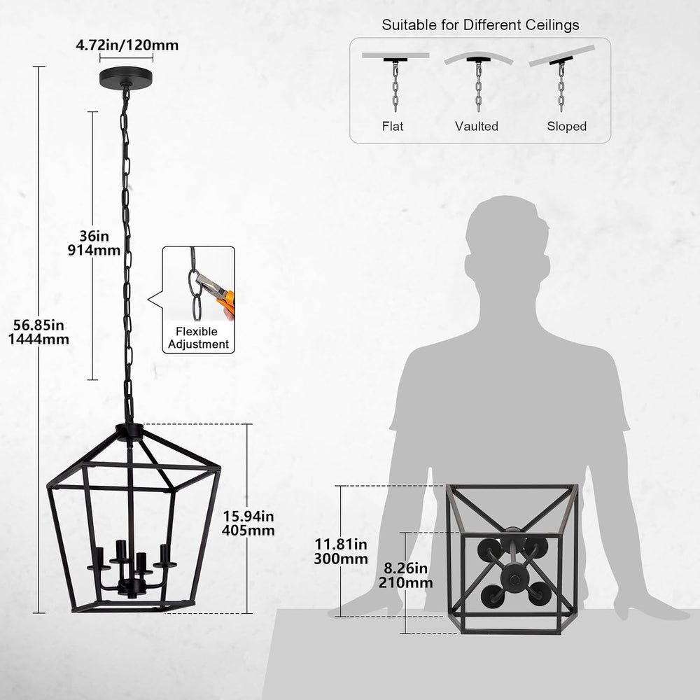 4 Light Chandelier, Industrial Ceiling Light Black Lantern Light Fixtures wit...