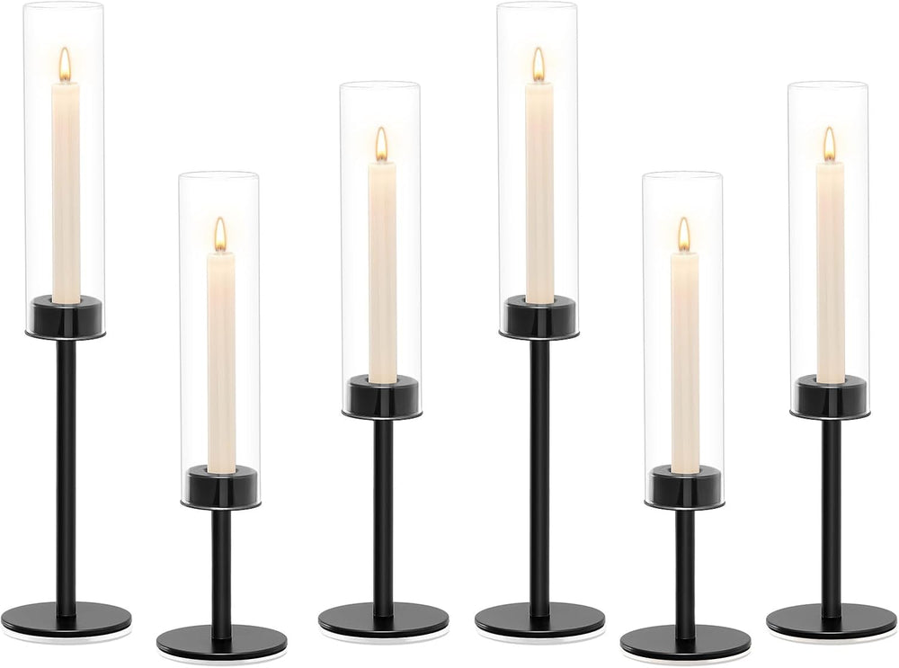 Black Hurricane Glass Candle Holders Set of 6 Tall Taper Candlestick Holder