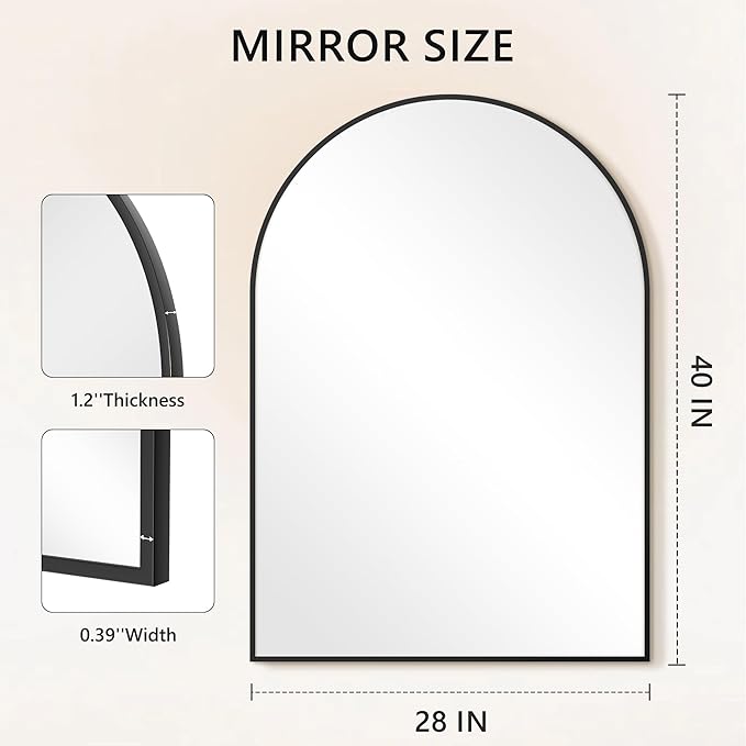 Arched Wall Mirror for Bathroom,Mirrors for Wall,28''x40'',Vanity Mirror for Bedroom Dresser, Entryway, Living Room, Metal Frame (28''x40'',Black)