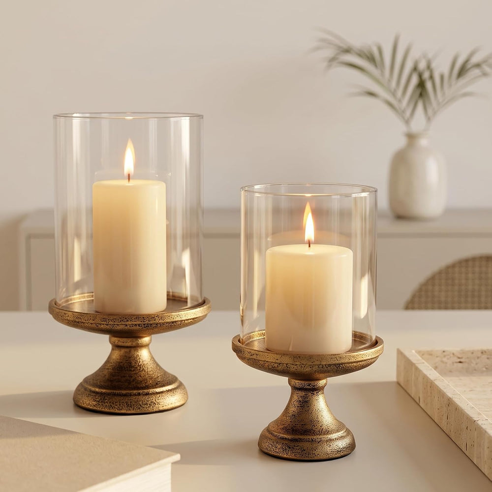Hurricane Candle Holder with Glass Cylinder Antique Brass Iron Base