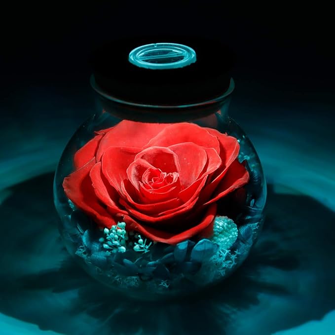 Preserved Real Roses with Colorful Mood Light Wishing Bottle, Eternal Rose，Never Withered Flowers, Table Decor,Christmas Anniversary Valentine's, Red 4.3inch, 1pcs