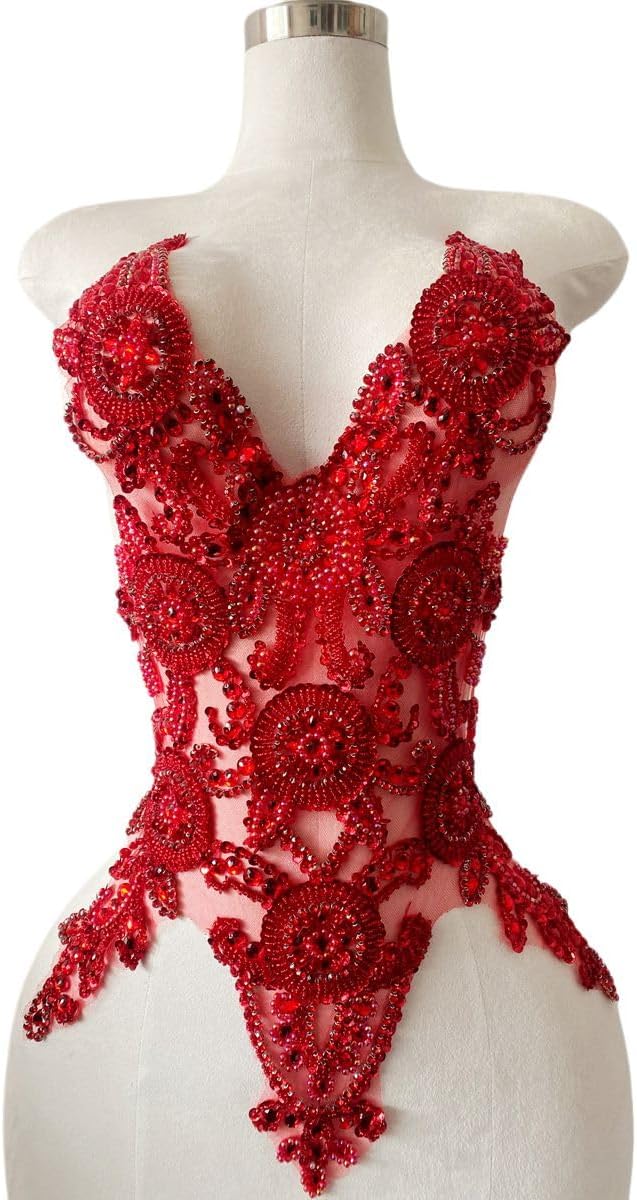 Pure Handmade Bodice lace Rhinestones Applique Sewing Stones Beads Crystal Tr...