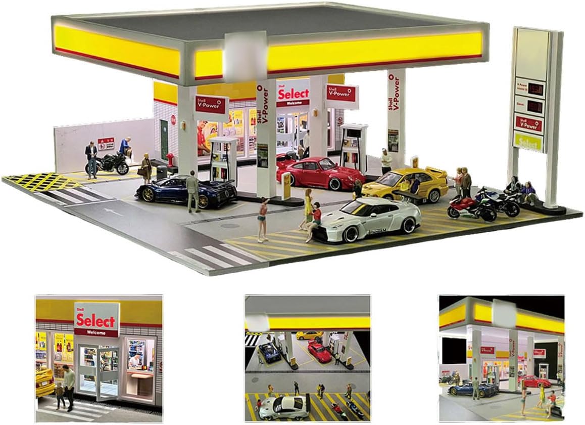 1/64 Scale Gass Station Building Scene Model, Realistic DIY Architecture Miniature Model, Home Decor Gift Ornament for Adults, Vehicles Figures and Tools are Not Included