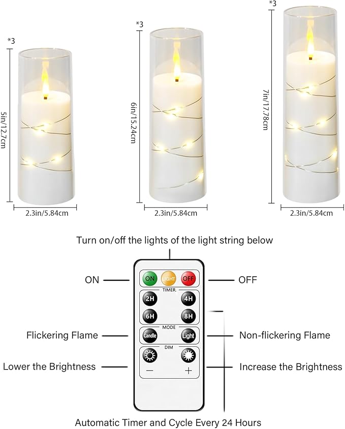 Flameless LED Candles with Timer 9 Pc Flickering Flameless Candles for Romantic Ambiance and Home Decoration Stable Acrylic Shell,with Embedded Star String，Battery Operated Candles（White）