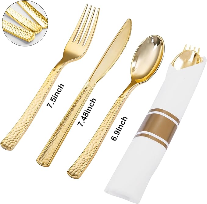 400PCS Pre Rolled Gold Plastic Silverware Sets - Heavy Duty Hammered Gold Cutlery Include 100 Pack Wrapped Disposable Utensils with Napkins for Parties, Dinners & Weddings