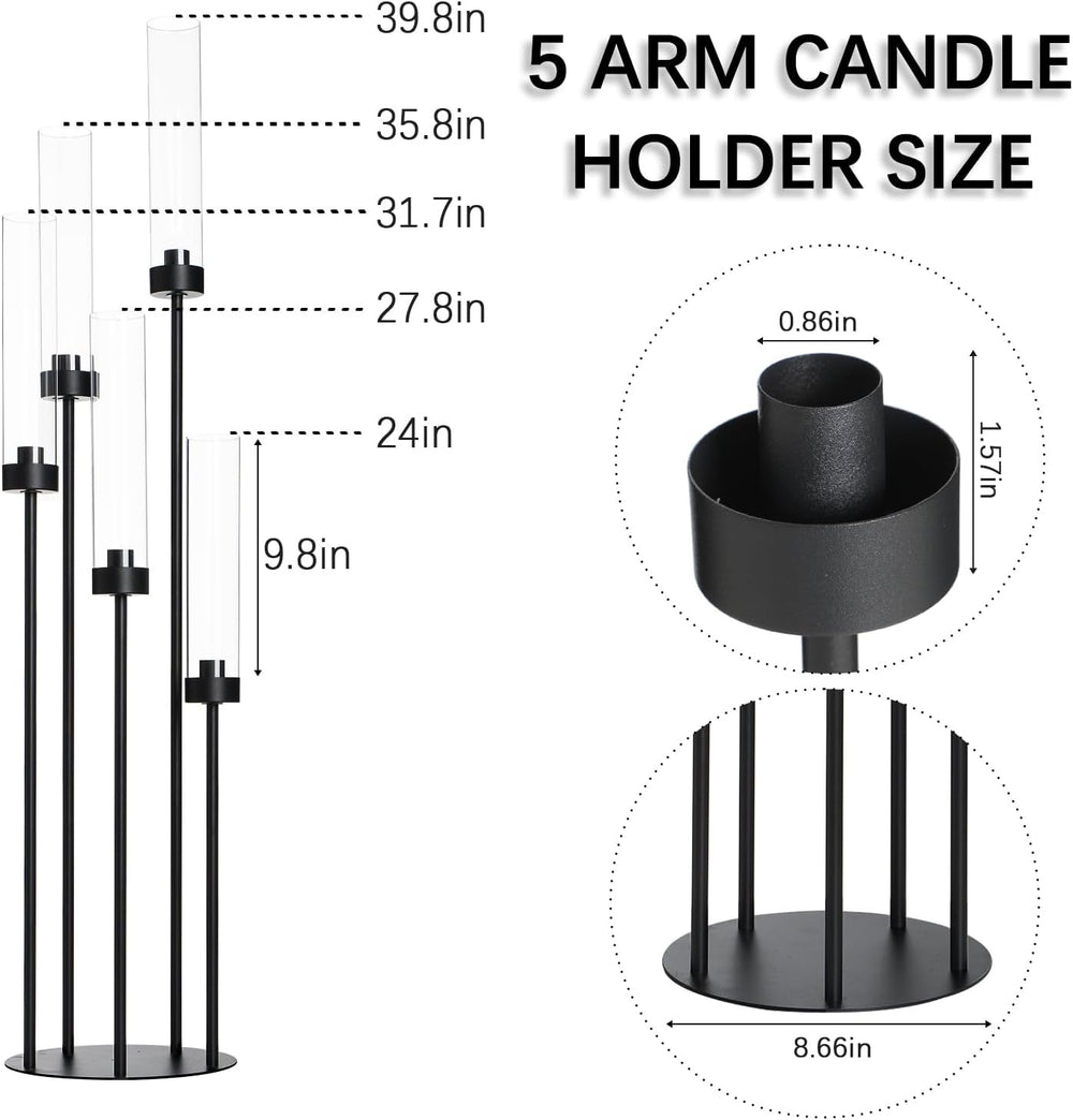 39.8'' Black 5 Arm Candelabra Candle Holder Centerpiece with Acrylic ...