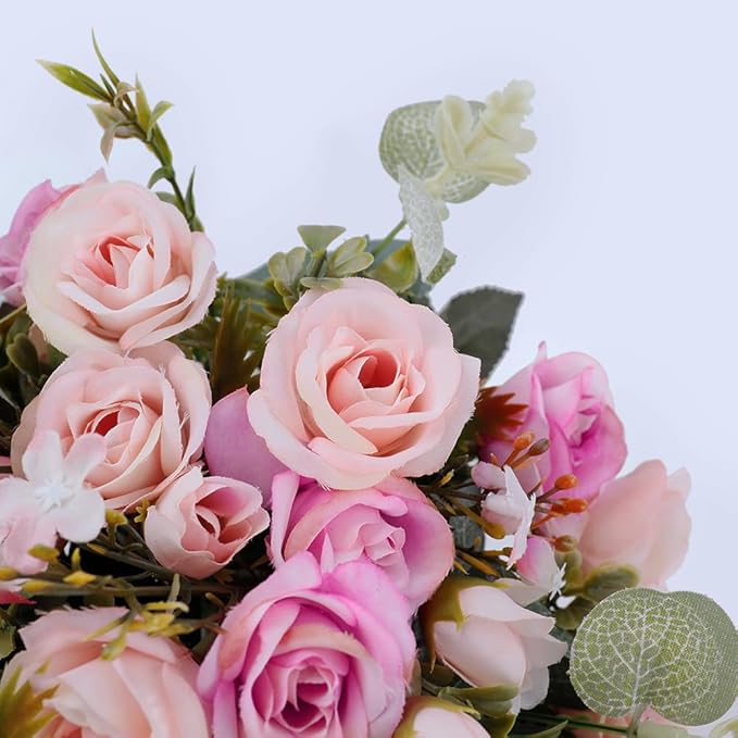 LESING Artificial Silk Rose with Vase Fake Flowers Wedding Flowers Bouquets Arrangement Home Office Party Centerpiece Table Decoration (Pink)