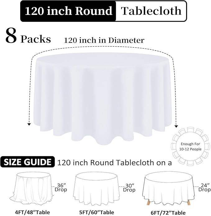 8 Pack White Round Tablecloth 120 Inch White Table Cloth Stain and Wrinkle Resistant Round White Tablecloths Reusable and Washable Polyester Fabric Table Covers for Buffet Wedding Party and Banquet