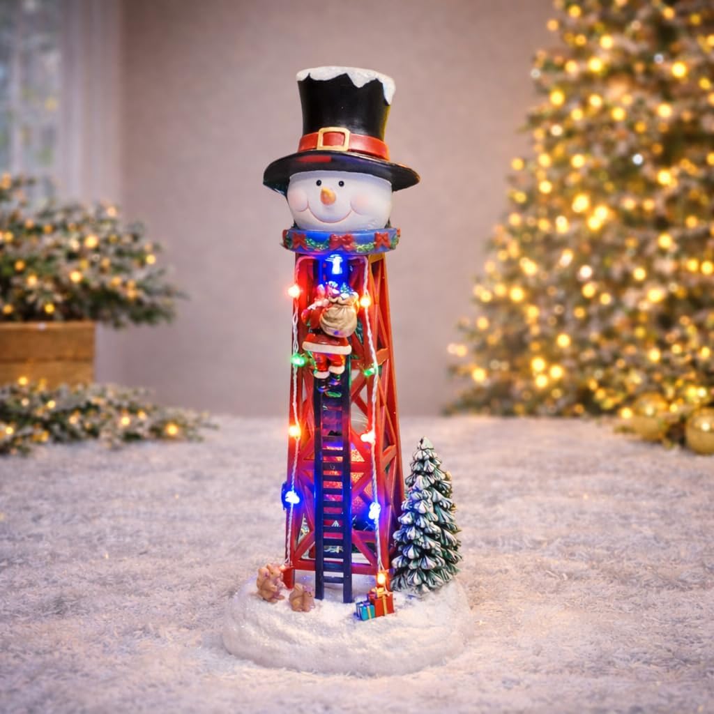 Moments in Time Christmas Snowman Water Tower 12.44”H LED Lights Hand-Painted Polyresin Santa Climbing Scene Battery Operated Christmas Village Decoration Winter Holiday Display