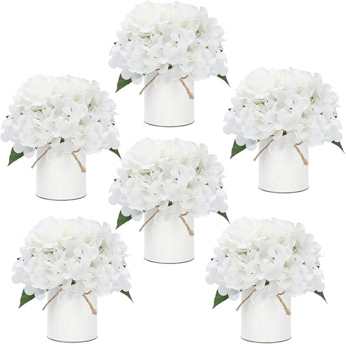 Flower Table Centerpieces - Set of 6 Floral Arrangement Artificial Wedding Hydrangeas Floral Arrangement with Rustic Metal Vase for Bridal Tea Party Event Decorations - White