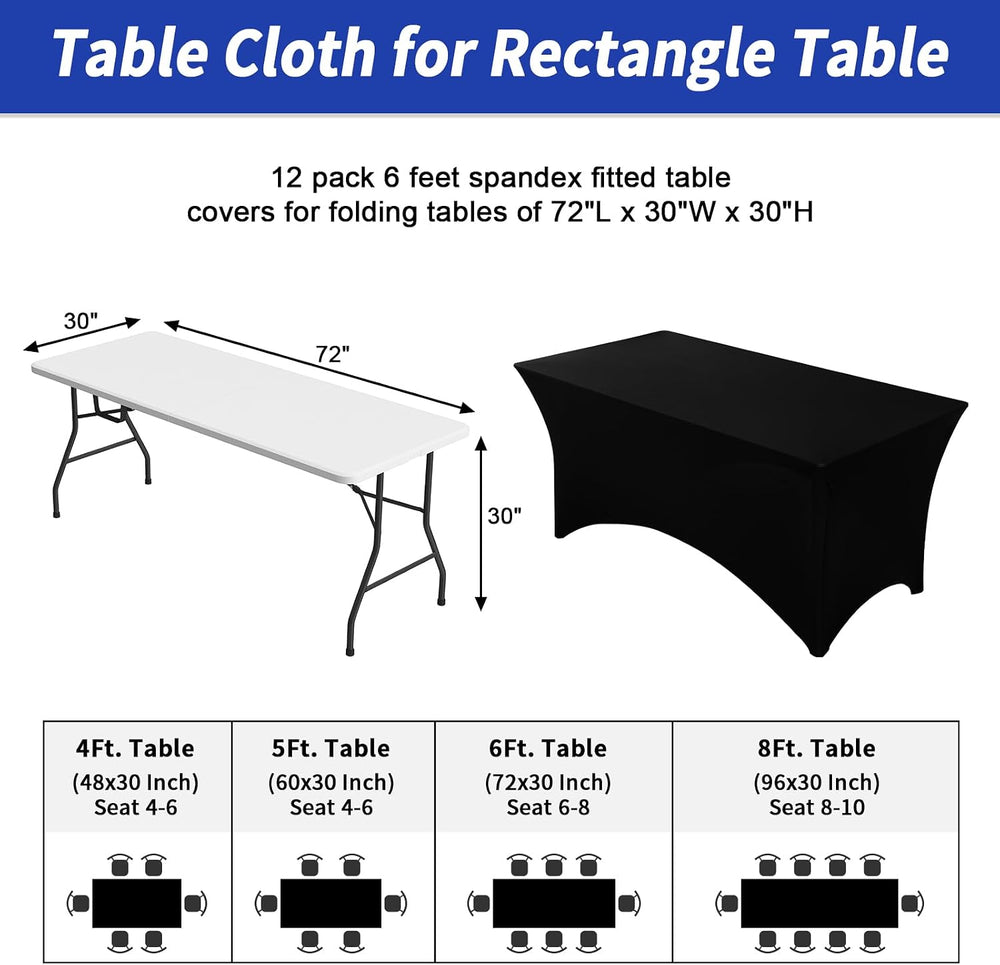 Fixwal 12 Pack 6FT Black Tablecloth Rectangle Spandex Fitted Table Cover