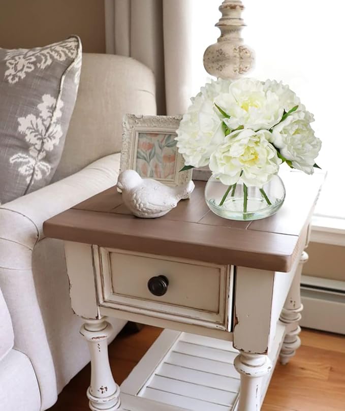 Hollyone Fake Flowers White Peonies Artificial Flowers Faux Flowers with Vase Peony Silk Flower Arrangements in Glass Vase with Faux Water for Home Decor Bathroom Table Centerpiece Shelf Decorations