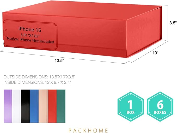 PACKHOME 6 Large Gift Boxes 13.5x10x3.5 Inches, Sturdy Shirt Boxes with Magnetic Lids for Multiple Occasions (Glossy Red)