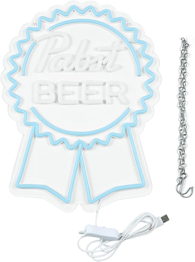 Pabst Beer Neon Signs for Wall Decor，LED Neon Lights Suitable for Man Cave Bar Pub Restaurant Christmas Gift Art 5V Power Adapter, 12 * 15Inch(sky blue+white)