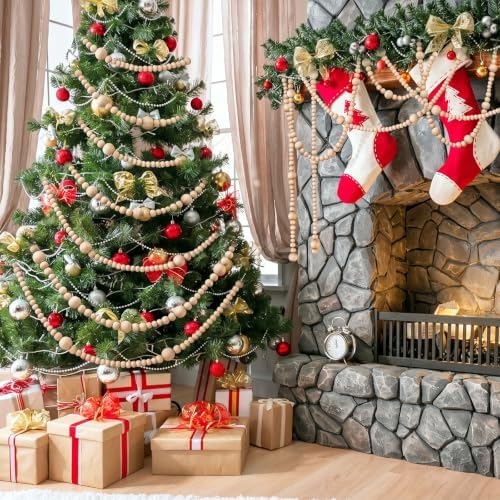 Bucherry 4 Pcs Christmas Wood Bead Garland 28.8 Feet, Natural