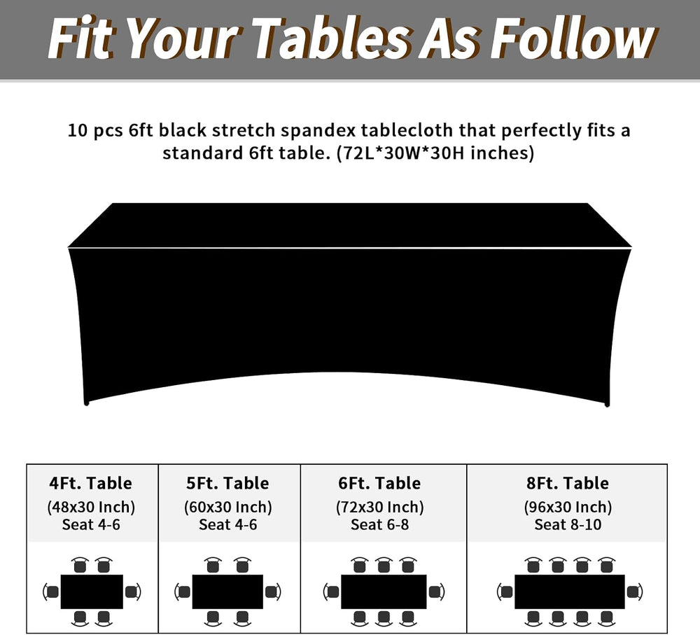 Fixwal 10 Pack 6FT Black Tablecloth Rectangle Spandex Fitted Table Cover