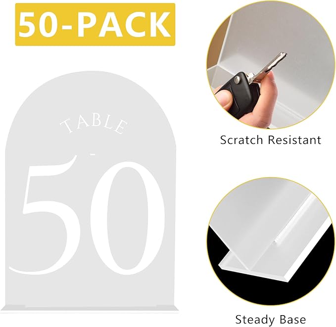 JOYIT Frosted Arch Wedding Table Numbers 1-50 with Stands – 5" X 7" Acrylic Sign Table Number Holders, Perfect for Wedding Receptions, Parties, Anniversaries, and Events