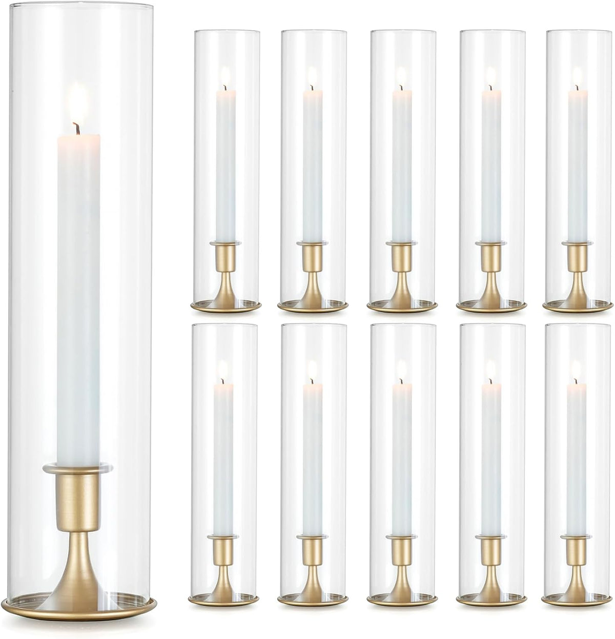 Romadedi Hurricane Candlestick Holders Gold - 10 Pcs Taper Candle Holders Bulk Tall Clear Glass Cylinder for Wedding Table Centerpieces Party Decor Birthday Christmas Home Decorations