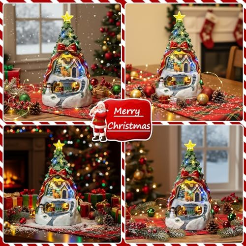 MXwcy Animated Musical Christmas Tree Village – Lighted Figurine with Spinning Santa Train, Plays 8 Holiday Carols, Tabletop Home Decor & Gift