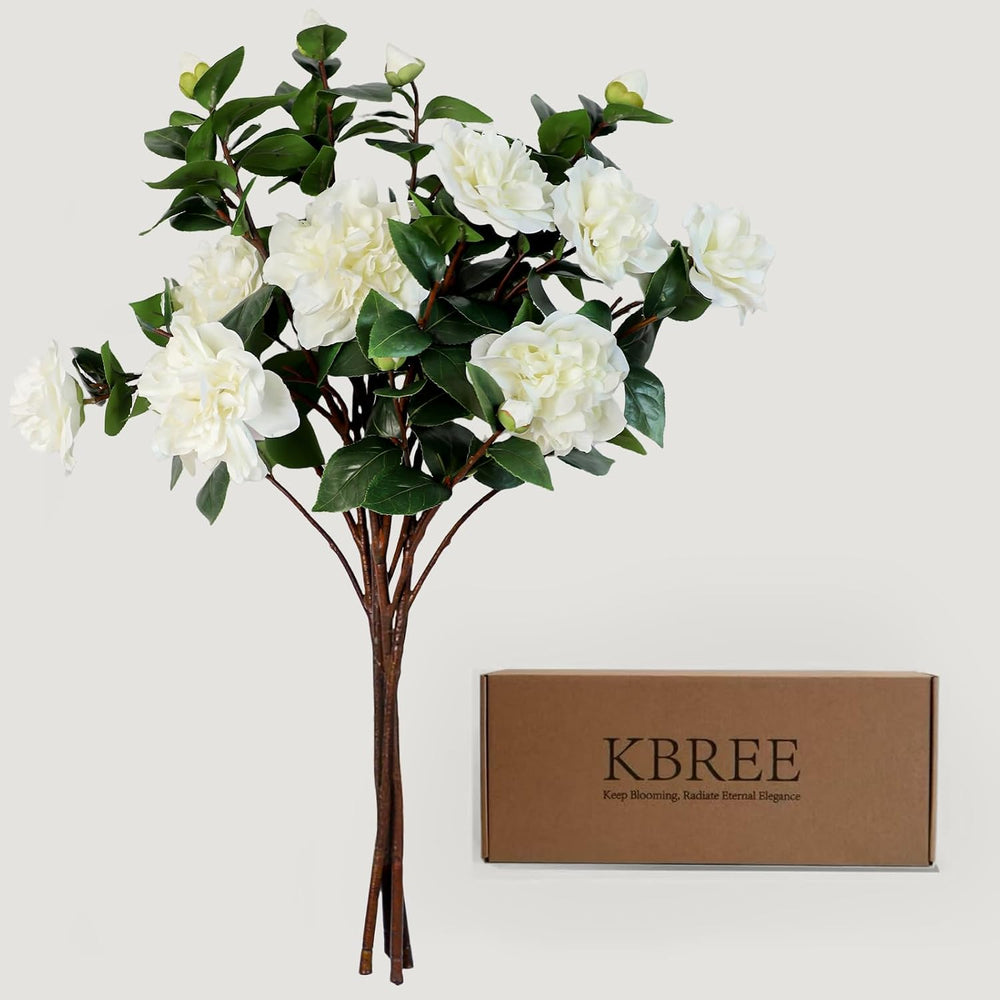 KBREE 26” Artificial White Flowers, 4Pcs Cream White Camellia Flowers, Long F...