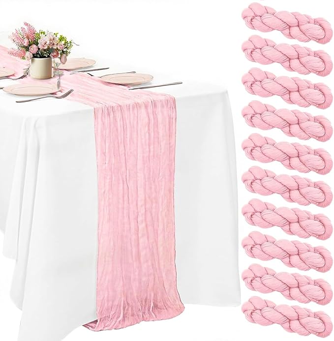 10 Pack Pink Cheesecloth Table Runner -21*120Inch Long Boho Wedding Table Decor, Rustic Gauze Fabric Runner for Bridal Showers, Baby Showers & Parties (Sheer, Lightweight, Wrinkled Design)