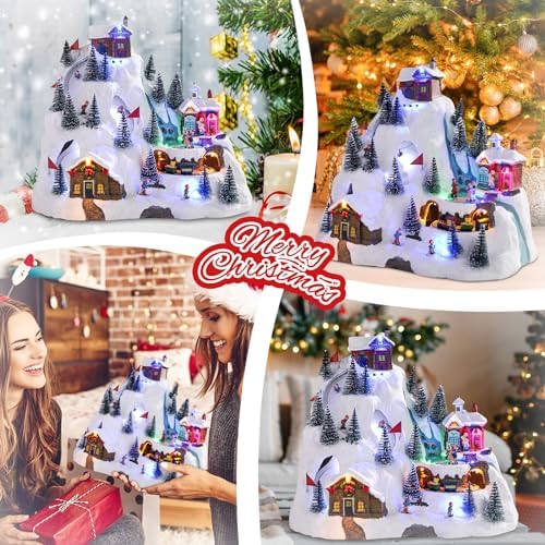VCUTEKA Christmas Village Collectible Building, Snowy Mountain with Ski Slopes and Revolving Train Lighted Musical Village Addition to Your Christmas Indoor Decor