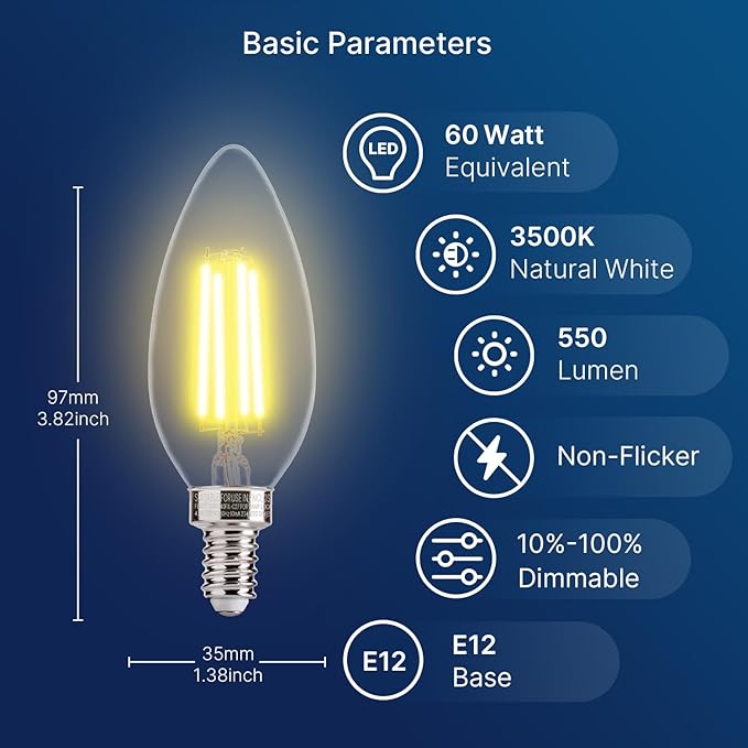 FLSNT 60W Equivalent LED Chandelier Light Bulbs, Dimmable LED B11 E12 Candelabra Base Bulbs, 3500K Natural White, 550LM, 48 Pack UL,CA65 Listed.