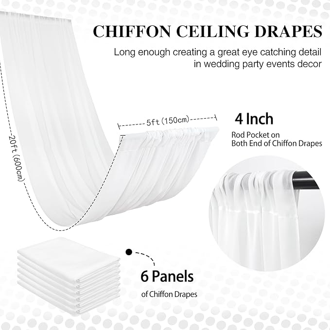 DUOBAO White Wedding Chiffon Ceiling 5x20FT Long Sheer Draping Fabric Photography Backdrops Soft Drapes Curtains for Weddings Arches Christmas Indoor Events, W 5' x L 20'-6 Panels, Snow