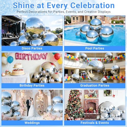 Inflatable Mirror Ball, Large Shiny Mirror Balls, 6PCS, Silver