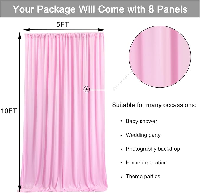 40 ft x 10 ft Wrinkle Free Baby Pink Backdrop Curtain for Parties, 8 Panels 5ftx10ft Polyester Photo Backdrop Drapes for Baby Shower Birthday Party Photography Wedding Backdrop Stand