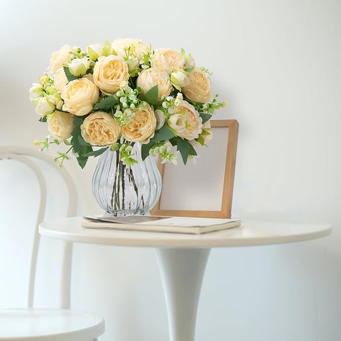Artificial Peonies Silk Flowers in Glass Vase Faux Flowers Bouquets Modern Penoy Arrangement 4 Pack for Home Decoration Table Centerpiece (Champagne)