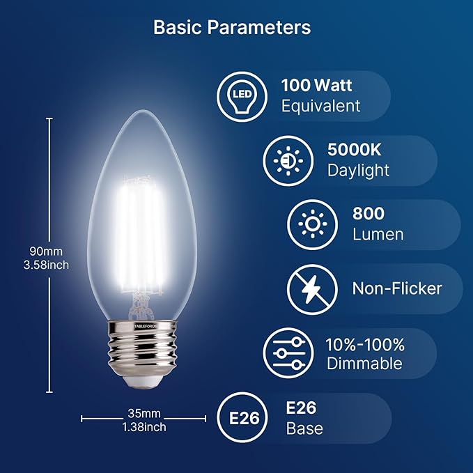 FLSNT 100W Equivalent LED Chandelier Light Bulbs E26 Base, 5000K Daylight Dimmable LED Candelabra Bulbs, 800LM, 12Pack UL,CA65 Listed.