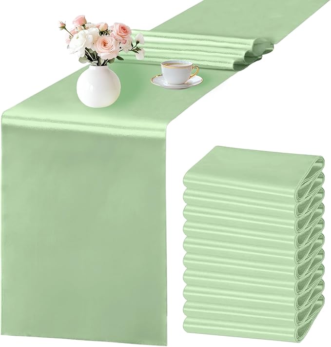 10 Pack Sage Green Satin Table Runner 12x108 Inches Long, Bright Silky Smooth Satin Table Runner Table Decor for Wedding Banquet Christmas Prom Event Birthday Party