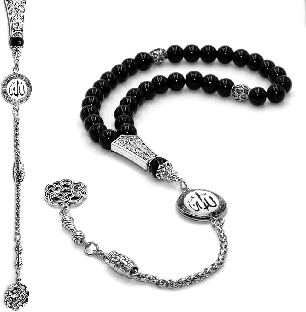Special -Allah Tassel- Collection (8 mm -33 Beads) Worry Beads - Prayer Beads-Tesbih-Tasbih-Tasbeeh-Misbaha-Masbaha-Subha-Sebha-Sibha-Rosary (Black Agate Stone)