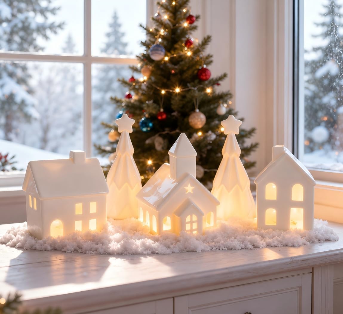 Christmas Village Sets, 5-Piece Ceramic Houses and Pine Trees, Xmas Decor