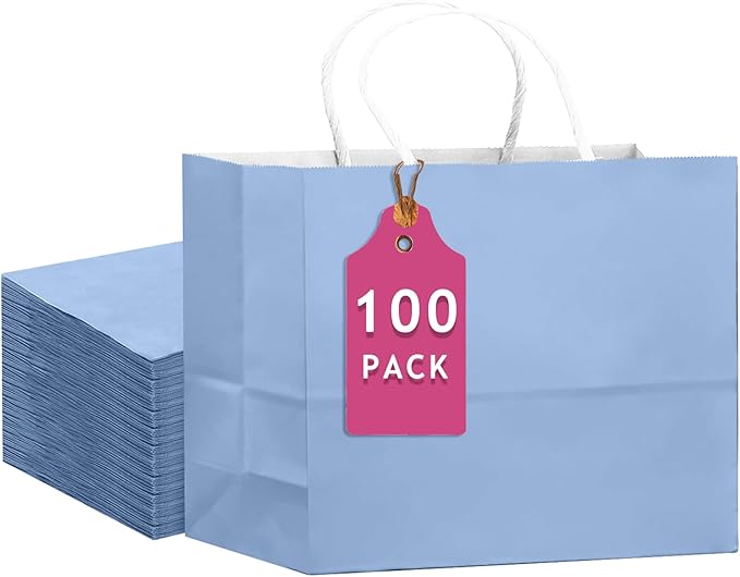 qiqee 100PCS Large Gift Bag with Handles Bulk 13"x4.5"x10" Gift Bags Light Blue Multiple Uses (32x11x25cm,Wide Large)