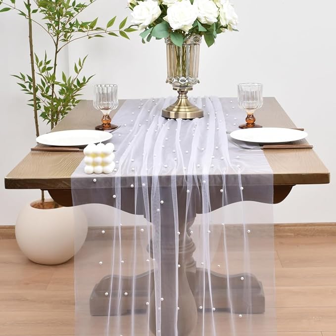 Joanlody Fall Pearl Table Runner 10ft Rustic Boho Tulle Table Runner with Pearls for Baby Shower Wedding Party Veil Dessert Thanksgiving Table Decor White 4pcs