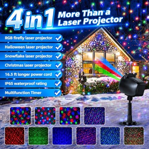Outdoor Laser Projector Lights, RGB Firefly Light Show for Backyard Parties & Gatherings, IP65 Waterproof, 270° Adjustable, 10 Color Modes + 3 Changeable Holiday Cards(Halloween/Snowflake/Christmas)